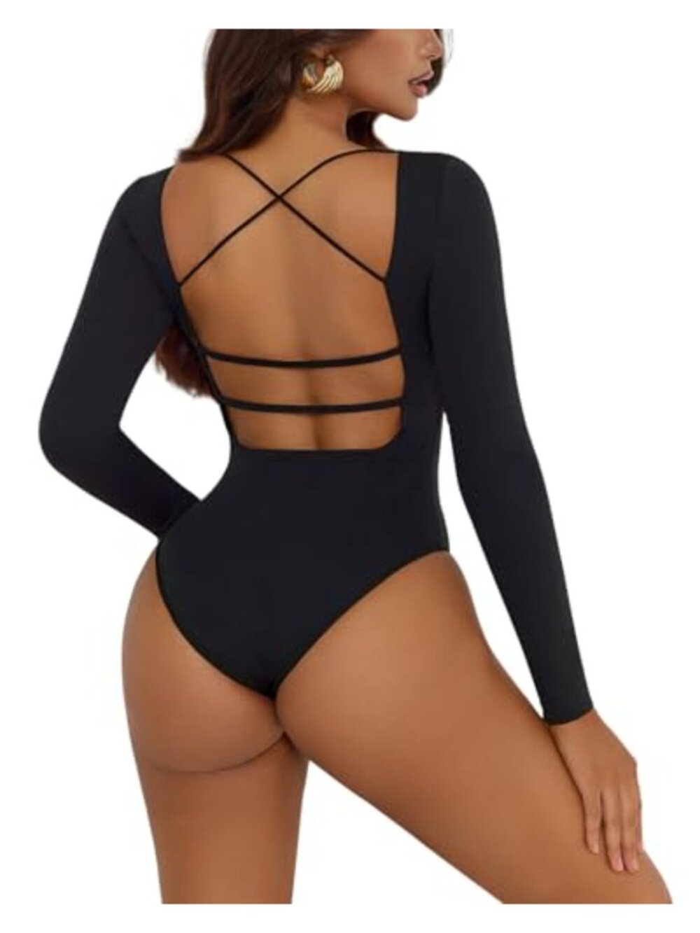 Women's Long Sleeve Open Back Bodysuit Thong V-Neck Criss-Cross Back